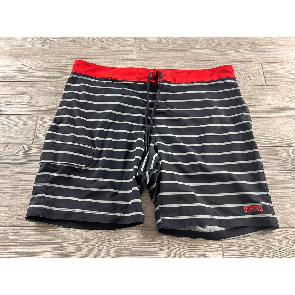 Duluth Trading Co Mens 42 Board Shorts Striped Swim Trunks Black Red Gray 636